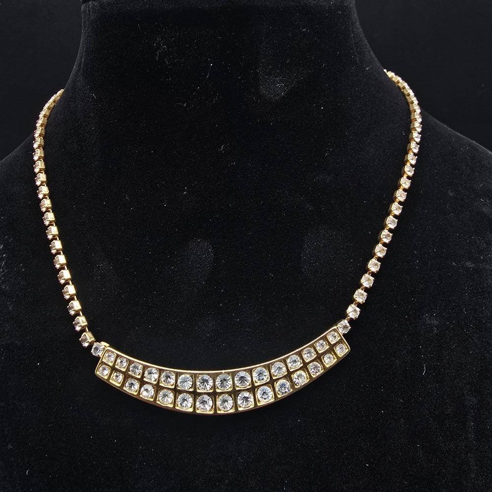 Monet Rhinestone Curved Bar Pendant Necklace Gold Tone Vintage